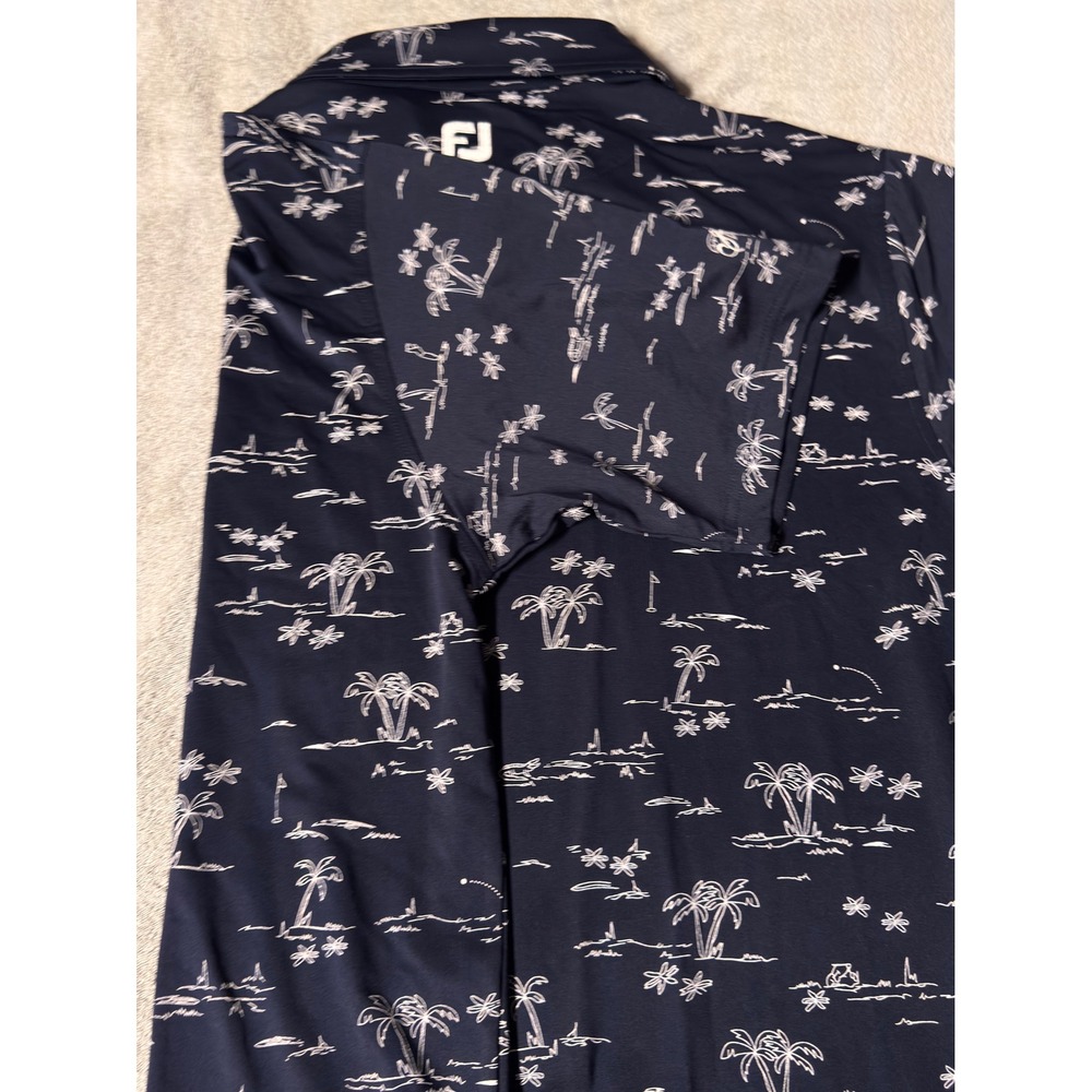 FootJoy Tropic Isle Golf Polo Shirt Navy Blue Palm Tree Print Mens Lrg NWT Logo - Picture 15 of 15